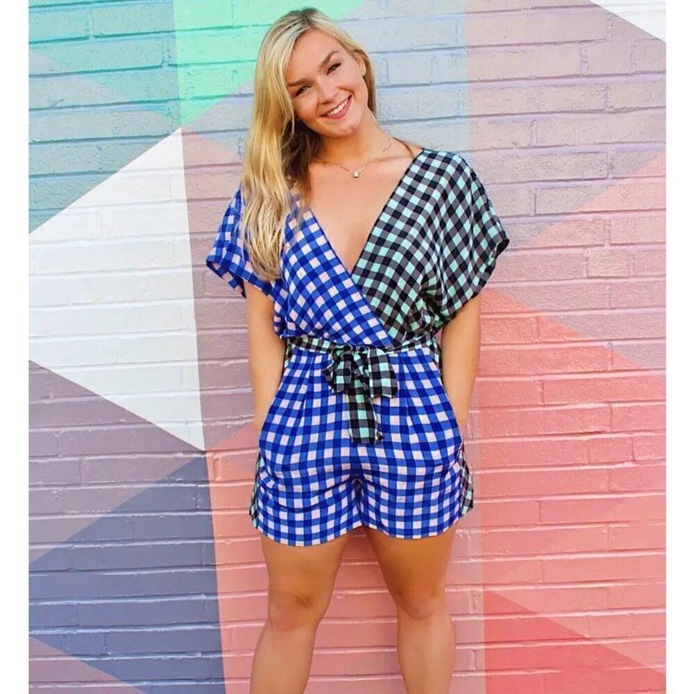 Diane Von Furstenberg Romper Faux Wrap Surplice V-Neck Gingham Print Blue 0
